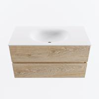 MONDIAZ VICA 90cm badmeubel onderkast Washed Oak 2 lades. Wastafel MOON midden 1 kraangat, kleur Talc. - thumbnail