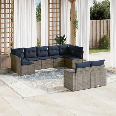 9-delige Loungeset met kussens poly rattan grijs