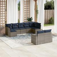 9-delige Loungeset met kussens poly rattan grijs - thumbnail