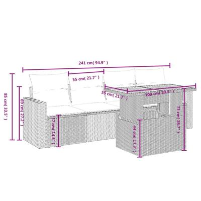 5-delige Loungeset met kussens poly rattan zwart - thumbnail