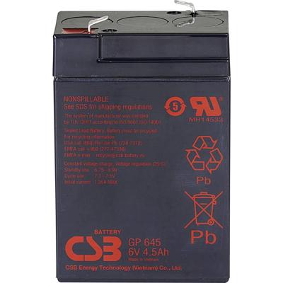 CSB Battery GP 645 Standby USV Loodaccu 6 V 4.5 Ah Loodvlies (AGM) (b x h x d) 70 x 107 x 48 mm Kabelschoen 4.8 mm Onderhoudsvrij, Geringe zelfontlading CSB Battery GP 645 Standby USV Loodaccu 6 V 4.5 Ah Loodvlies (AGM) (b x h x d) 70 x 107 x 48 mm Kabelschoen 4.8 mm Onderhoudsvrij, Geringe zelfontlading