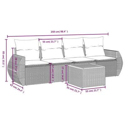 5-delige Loungeset met kussens poly rattan grijs - thumbnail