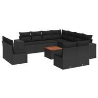 12-delige Loungeset met kussens poly rattan zwart - thumbnail