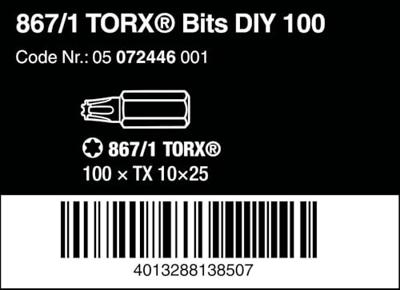 Wera 867/1 Z TORX® DIY 100, TX 10 x 25 mm (100 Bits pro Box) - 1 stuk(s) - 05072446001 Wera 867/1 Z TORX® DIY 100, TX 10 x 25 mm (100 Bits pro Box) - 1 stuk(s) - 05072446001