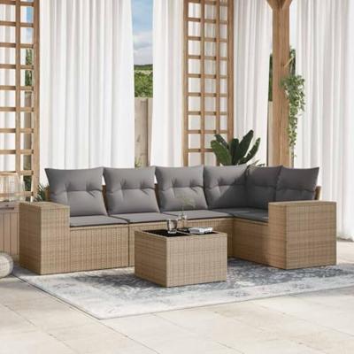 6-delige Loungeset met kussens poly rattan beige