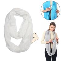 Vrouwen Solid winter Infinity Scarf Pocket lus rits zak sjaals (wit) - thumbnail