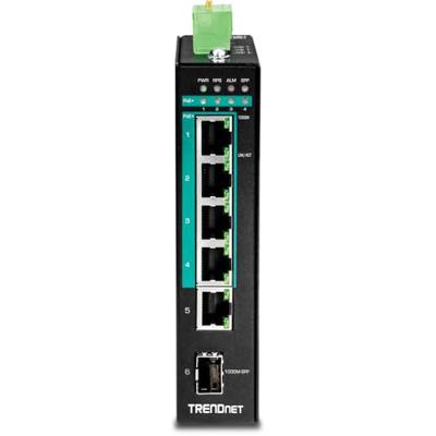 TRENDnet 5-poorts geharde industriële gigabit PoE+ DIN-railschakelaar, 120 W stroombudget, 1 x SFP-sleuf, IP30-classificatie, onbeheerde schakelaar, Gigabit PoE+ netwerkschakelaar, levenslange