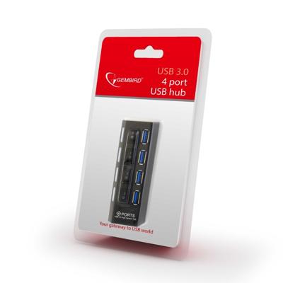 Gembird UHB-U3P4-22 USB 3.0 Hub & Hub (Gen 1) Type A 5000 Mbit/s, zwart - Hubs & Hub (USB 3.0 (3.1 Gen 1) Type-A, 5000 Mbit/s, zwart, voeding, 100 mm, 35 mm)