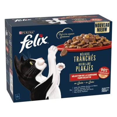 Felix Heerlijke Plakjes Farm Selectie met rund, kip, eend, kalkoen in gelei natvoer kat 12 x 80 g - thumbnail