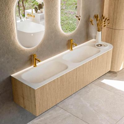 Mondiaz KURVE 175 cm Onderkast Greeploos 2 Lades Met Deuren Oak, Wastafel Solid Surface Links Talc 2 Kraangaten Zonder Spiegel (KRVBGS175R2L1D2KD-Oak/Tal)