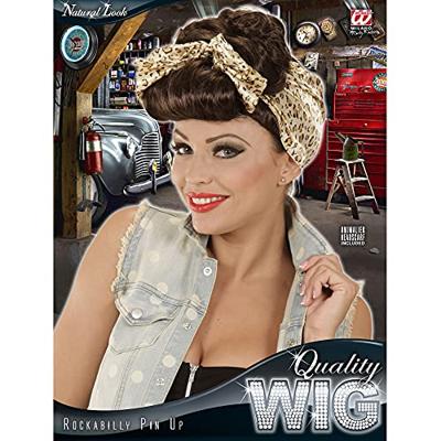 Grease pin-up girl pruik bruin met hoofddoek