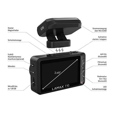 Lamax T10 Dashcam met GPS Kijkhoek horizontaal (max.): 170 ° Gegevensweergave in video, G-sensor, WDR, Videoloop, Automatische start, GPS met radarherkenning,