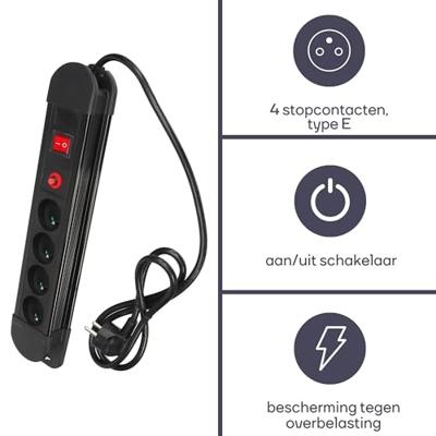 Perel contactdoos met 4 stopcontacten, schakelaar en overspanningsbeveiliging, zwart, voor België - thumbnail