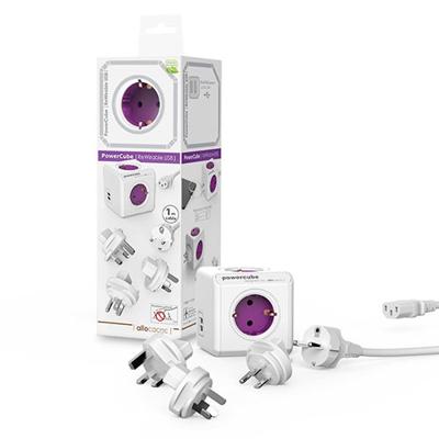 PowerCube Extended Reisstekker stekkerblok wit/paars 4 stopcontacten 2 usb