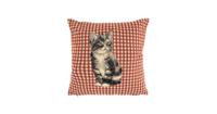 Gobelin Kussen Grijze  Kat - Rode Ruit 32x32cm - thumbnail