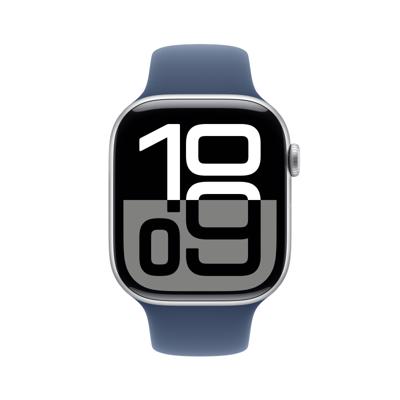 Apple Watch Series 10 (GPS 46 mm) Smartwatch - Kast van zilverkleurig aluminium - Denim sportbandje (S/M). Conditie bijhouden, Ecg-app, always on Retina-display, waterbestendig