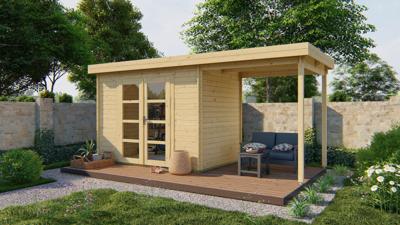 Blokhut Middelmodern 300x200 cm + zijluifel 200 cm - Groen geïmpregneerd- Plat dak- Geïmpregneerd vurenhout- Tuindeco