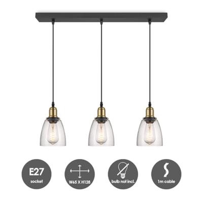 Metalen Hanglamp - Inclusief 3 Glazen Lampenkap - Helder - Ø65 x 128 cm - E27 fitting - voor gebruik in slaapkamers en werkruimtes - Inclusief 1 meter kabel