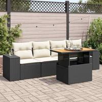 5-delige Loungeset met kussens poly rattan zwart - thumbnail
