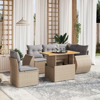 6-delige Loungeset met kussens poly rattan beige