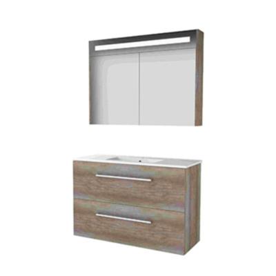 Basic-Line Premium 39 Badkamermeubelset - Ondiep - 100 x 39 cm - Met Grepen - 2 Lades - Keramische Wastafel - 1 Kraangat - Spiegelkast met LED Verlichting - Scotch Oak
