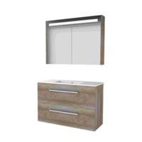 Basic-Line Premium 39 Badkamermeubelset - Ondiep - 100 x 39 cm - Met Grepen - 2 Lades - Keramische Wastafel - 1 Kraangat - Spiegelkast met LED Verlichting - Scotch Oak - thumbnail