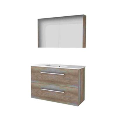 Basic-Line Comfort 39 Badkamermeubelset - Ondiep - 100 x 39 cm - Met Grepen - 2 Lades - Keramische Wastafel - 1 Kraangat - Spiegelkast - Scotch Oak