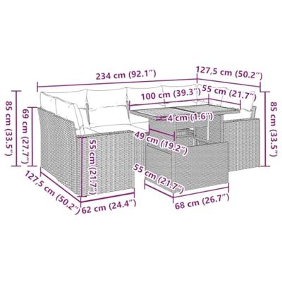 7-delige Loungeset met kussens poly rattan grijs