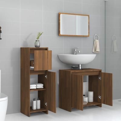 3-delige Badkamermeubelset bewerkt hout bruin eikenkleur - thumbnail