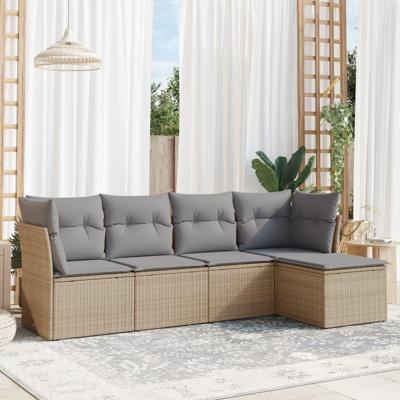 5-delige Loungeset met kussens poly rattan beige - thumbnail