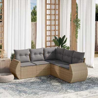 5-delige Loungeset met kussens poly rattan beige