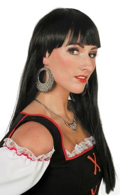 Lange zwarte pruik deluxe