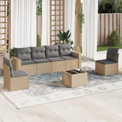 7-delige Loungeset met kussens poly rattan beige - thumbnail