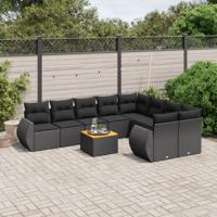 10-delige Loungeset met kussens poly rattan zwart - thumbnail