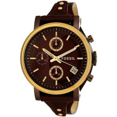 Fossil Rose Gold Dames Original Boyfriend Sport chronograaf wijn lederen horloge ES4114
