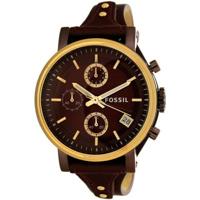 Fossil Rose Gold Dames Original Boyfriend Sport chronograaf wijn lederen horloge ES4114 - thumbnail