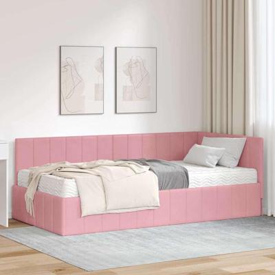 Hoekbedframe met matras met hoofdeinde Roze 90 x 190 cm Fluweel