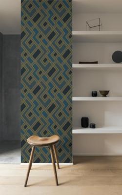 Dutch Wallcoverings Asperia - Fabric Geo - Donkerblauw/Goud