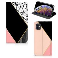 Apple iPhone 11 Stand Case Zwart Roze Vormen - thumbnail