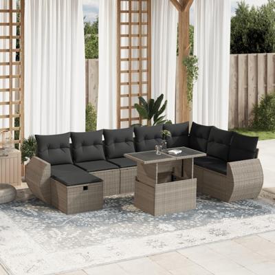 9-delige Loungeset met kussens poly rattan lichtgrijs