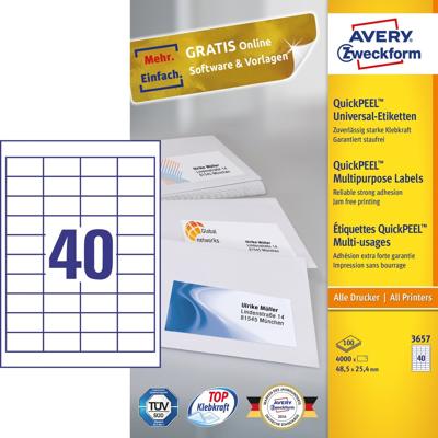 Avery-Zweckform 3651 Universele etiketten 52.5 x 29.7 mm Papier Wit 4000 stuk(s) Permanent hechtend Inkjet, Laser (zwart/wit), Laser (kleur), Kopiëren Avery-Zweckform 3651 Universele etiketten 52.5 x 29.7 mm Papier Wit 4000 stuk(s) Permanent hechtend Inkjet, Laser (zwart/wit), Laser (kleur), Kopiëren
