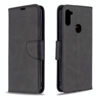 Voor Galaxy A11 Retro Lambskin Texture Pure Color Horizontal Flip PU Leather Case met Holder & Card Slots & Wallet & Lanyard(Black) - thumbnail