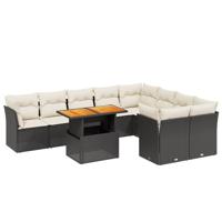 10-delige Loungeset met kussens poly rattan zwart - thumbnail