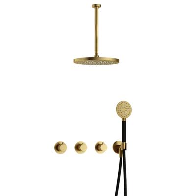 Hotbath Cobber X - CX7067 - Inbouw Regendoucheset - Geborsteld Messing PVD - 2 Stopkranen - Thermostatisch - Plafondbuis 30 cm - Hoofddouche 300 mm - Ronde Handdouche 3 Standen - met M106 - Waterbesparend