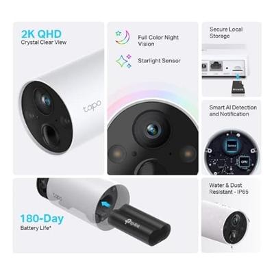 Tapo 2K QHD draadloze outdoor beveiligingscamera, 1 cam met hub inbegrepen, 180 dagen oplaadbare batterij, 4 MP, kleur nachtzicht, AI-detectie, SD-opslag, werkt met Alexa en Google (Tapo C420S1)