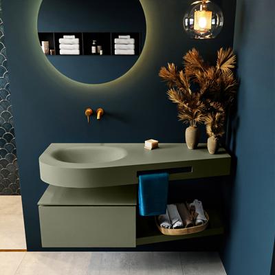 MONDIAZ RIVA 120cm badmeubel onderkast / planchet kleur Army met 1 lade. Wastafel DULCET links 0 kraangaten kleur Army.