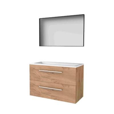Basic-Line Framed 46 Badkamermeubelset - 100 x 46 cm - Met Grepen - 2 Lades - Acryl Wastafel - Zonder Kraangat - Spiegel met Zwart Aluminium Frame - Whisky Oak