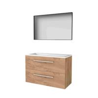 Basic-Line Framed 46 Badkamermeubelset - 100 x 46 cm - Met Grepen - 2 Lades - Acryl Wastafel - Zonder Kraangat - Spiegel met Zwart Aluminium Frame - Whisky Oak - thumbnail