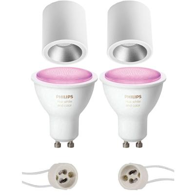Pragmi Cliron Pro - Opbouw Rond - Mat Wit/Zilver - Verdiept - Ø90mm - Philips Hue - Opbouwspot Set GU10 - White and Color Ambiance - Bluetooth