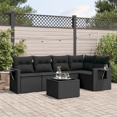 6-delige Loungeset met kussens poly rattan zwart - thumbnail